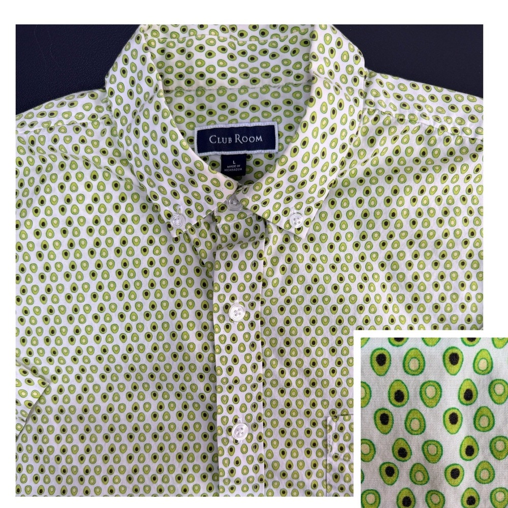 Club Room Avocado Print Button Shirt Mens L Green Short Sleeve Novelty Casual